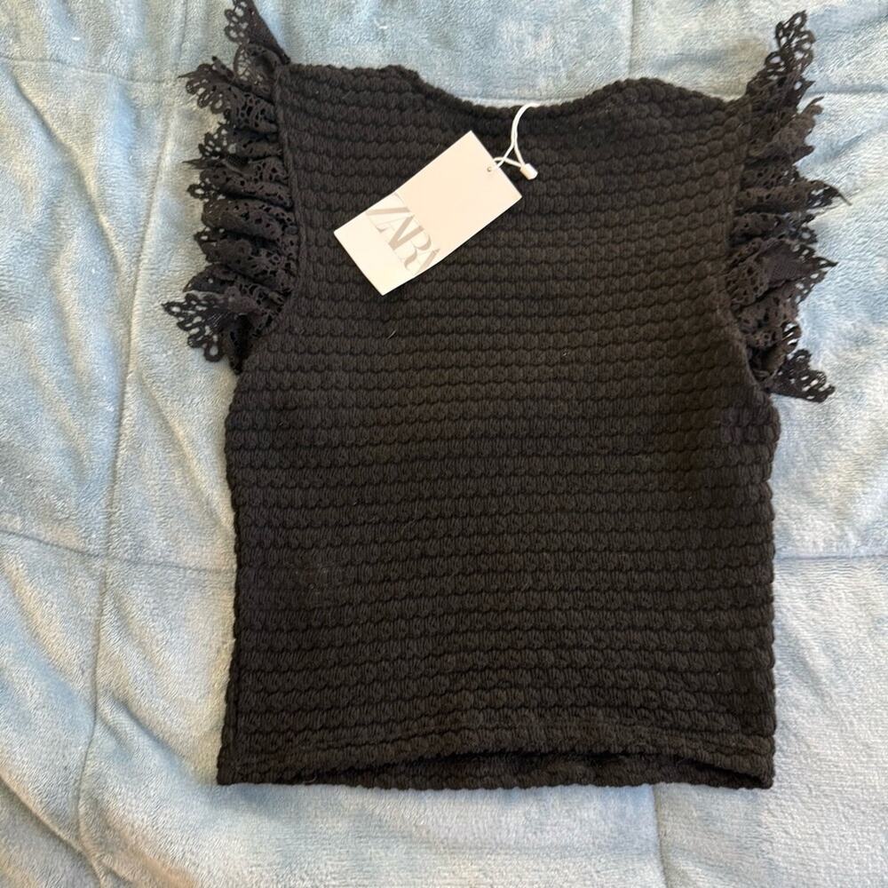 ZARA Textured Ruffle Ribbed Cropped Top Shirt - Picture 6 of 8